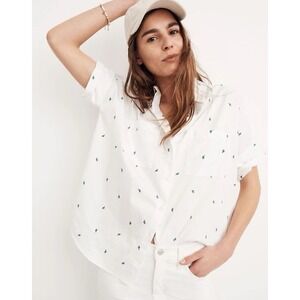 Madewell Womens XS White Embroidered Cactus Courier Short Sleeve Button Up Shirt